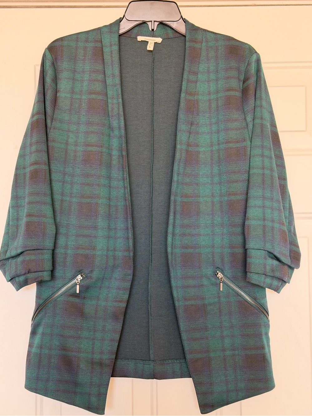 Maurices~Open Front~Plaid Print~Pleated 3/4 Sleeve~Faux Pocket~Jacket~Size L